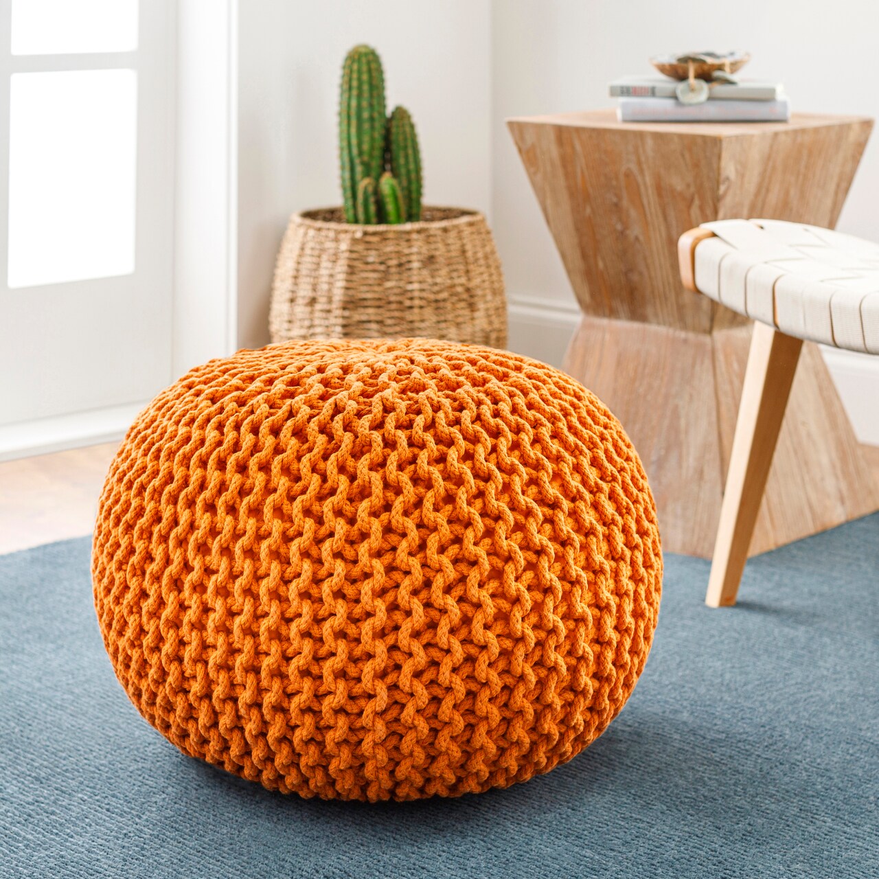 Diva At Home 20" x 14" Hermosa Tangerine Orange Hand Crafted Cotton Round Pouf Ottoman